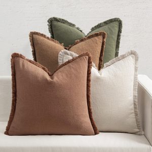 Set of 4 Linen Fringe Pillow Covers, 18x18 Inches, Assorted Beige/Brown/Green – Boho Farmhouse Rustic Cushion Cases for Sofa, Bed, Living Room