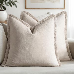 Set of 2 Natural Beige Linen Fringe Pillow Covers, 18x18 Inches – Cottagecore Boho Farmhouse Cushion Cases for Rustic Sofa, Bed, Living Room