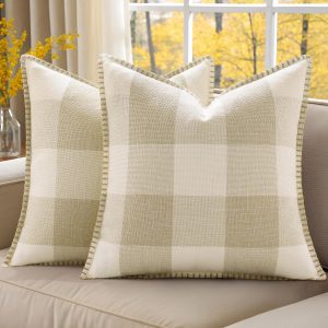 Set of 2 Cream White Plaid Linen Pillow Covers, 18x18 Inches – Buffalo Check Gingham Pattern with Stitched Edge, Cozy Farmhouse Accent for Bed, Sofa