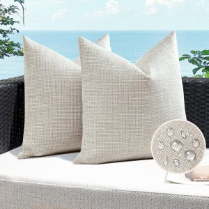 Waterproof Outdoor Linen Throw Pillow Covers, 18x18 Inches, Beige – Decorative Cushion Cases for Patio, Couch, Sofa