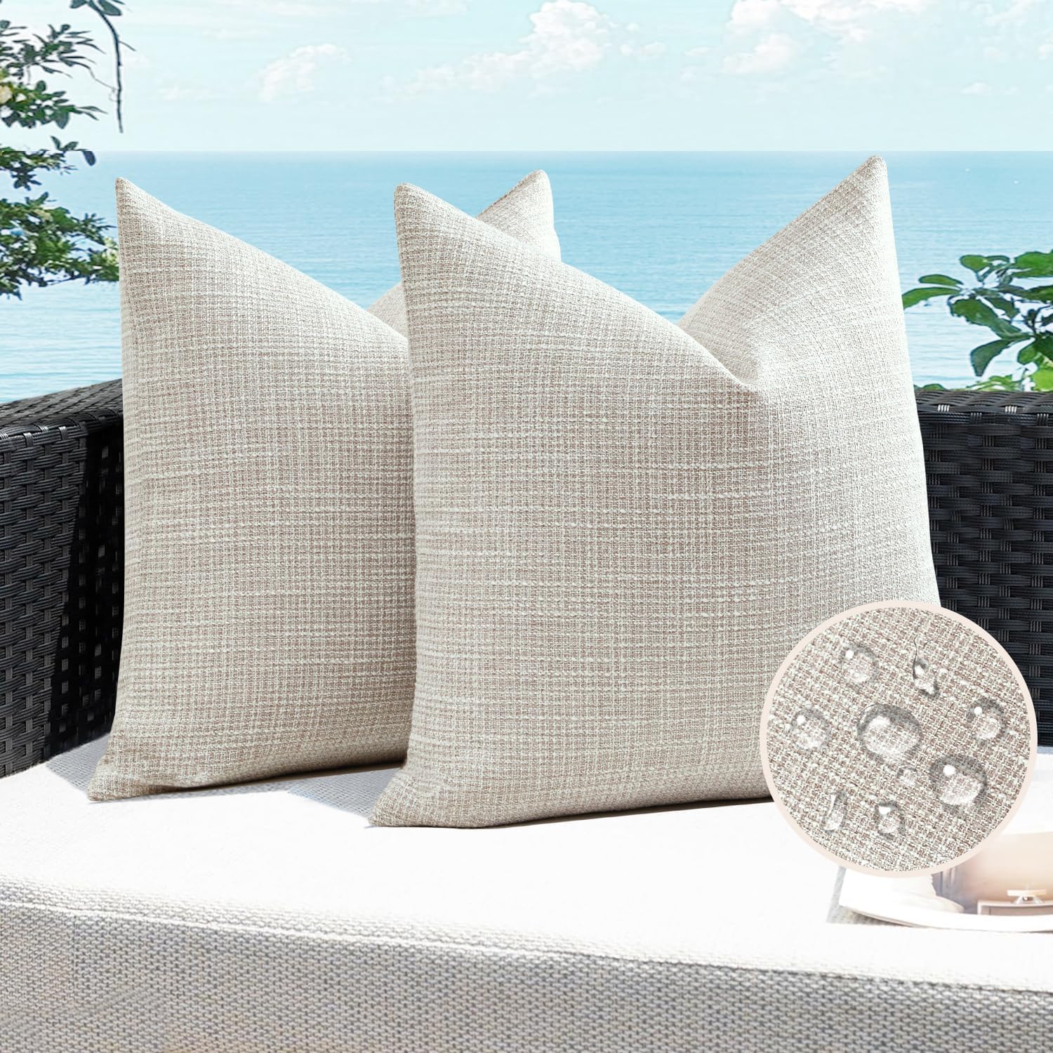 Waterproof Outdoor Linen Throw Pillow Covers, 18x18 Inches, Beige – Decorative Cushion Cases for Patio, Couch, Sofa