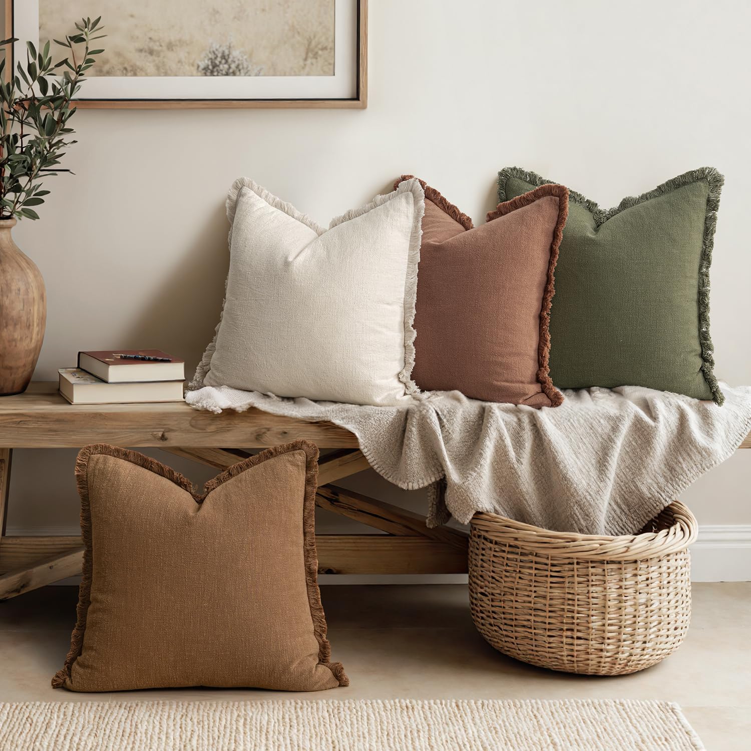 Set of 4 Linen Fringe Pillow Covers, 18x18 Inches, Assorted Beige/Brown/Green – Boho Farmhouse Rustic Cushion Cases for Sofa, Bed, Living Room - Image 2