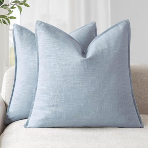 Pack of 2 Solid Linen Throw Pillow Covers, 18x18 Inches, Sky Blue – Soft Euro-Style Cushion Cases, Boho Farmhouse Accent for Chair, Sofa, Bedroom