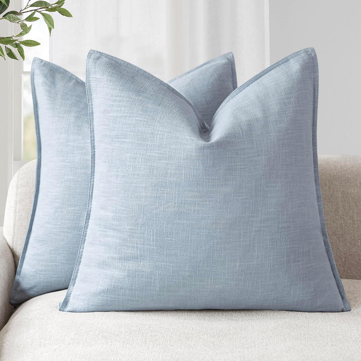 Pack of 2 Solid Linen Throw Pillow Covers, 18x18 Inches, Sky Blue – Soft Euro-Style Cushion Cases, Boho Farmhouse Accent for Chair, Sofa, Bedroom