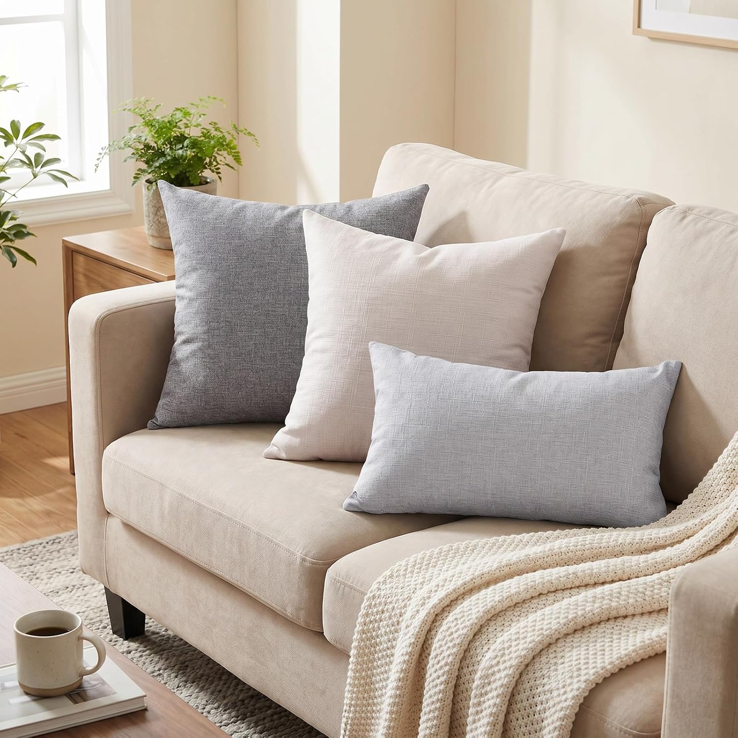 Set of 2 Light Coffee Faux Linen Throw Pillow Covers, 20x20 Inches – Soft Boho Accent, Farmhouse Cushion Cases for Couch, Sofa, Bedroom, Living Room - Image 2