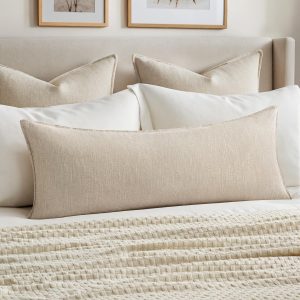 Linen Lumbar Pillow Cover, 14x36 Inches, Natural Beige – Pack of 1, Boho Farmhouse Long Accent Cushion Case for Couch, Sofa, Bed, Living Room