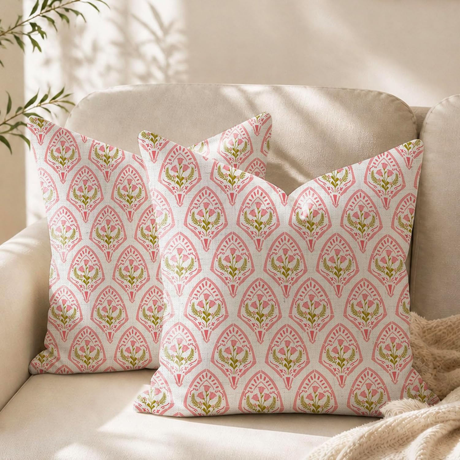 Set of 2 Linen Pillow Covers, 18x18 Inches, Pink Floral Pattern – Soft, Boho Farmhouse Accent with Zipper for Chair, Sofa, Bedroom, Living Room