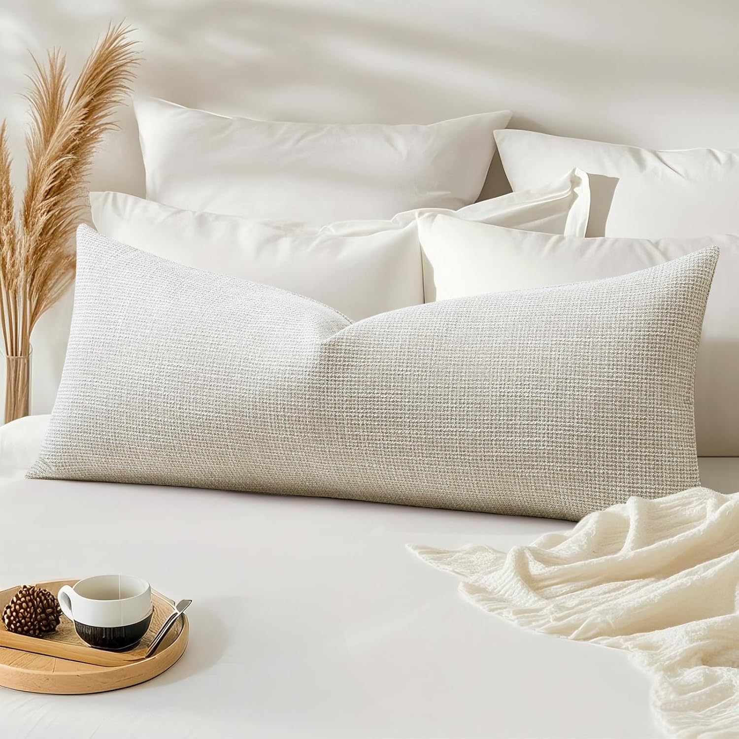 1-Piece Linen Lumbar Pillow Cover, 14x36 Inches, Beige – Long Rectangle Cushion Case for Sofa, Bedroom, Car, Home Decor - Image 2