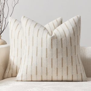 Set of 2 Linen Throw Pillow Covers, 18x18 Inches, Khaki Beige – Textured Square Accent Cases, Farmhouse Style for Sofa, Living Room, Bedroom