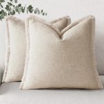 Set of 2 Linen Fringe Pillow Covers, 18x18 Inches, Natural Beige – Soft Cotton Blend with Tassels, Modern Boho Farmhouse Cushion Cases for Sofa, Bed