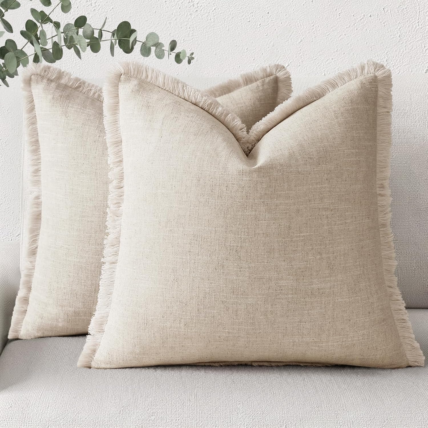 Set of 2 Linen Fringe Pillow Covers, 18x18 Inches, Natural Beige – Soft Cotton Blend with Tassels, Modern Boho Farmhouse Cushion Cases for Sofa, Bed