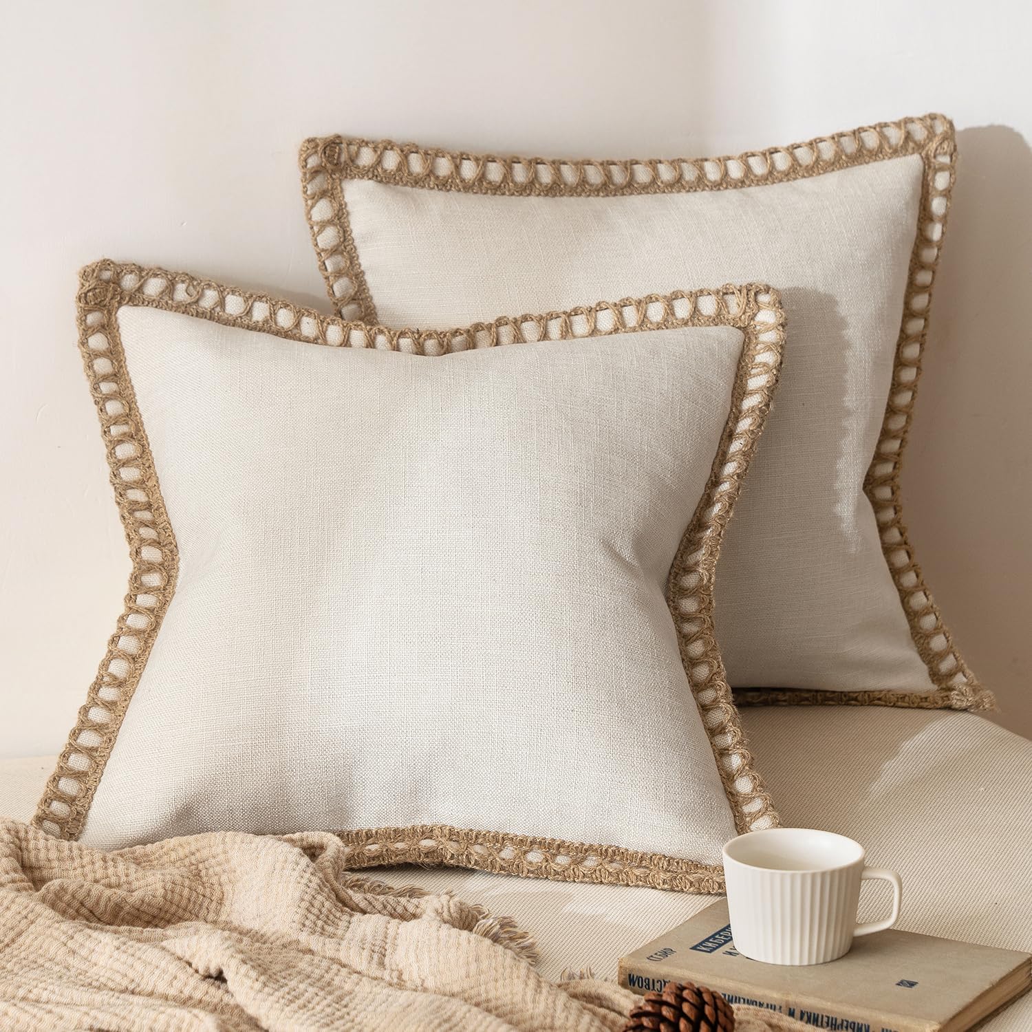 Set of 2 Rustic Burlap-Style Linen Pillow Covers, 18x18 Inches, Natural White – Modern Farmhouse Cushion Cases for Couch, Bed, Indoor or Outdoor Use