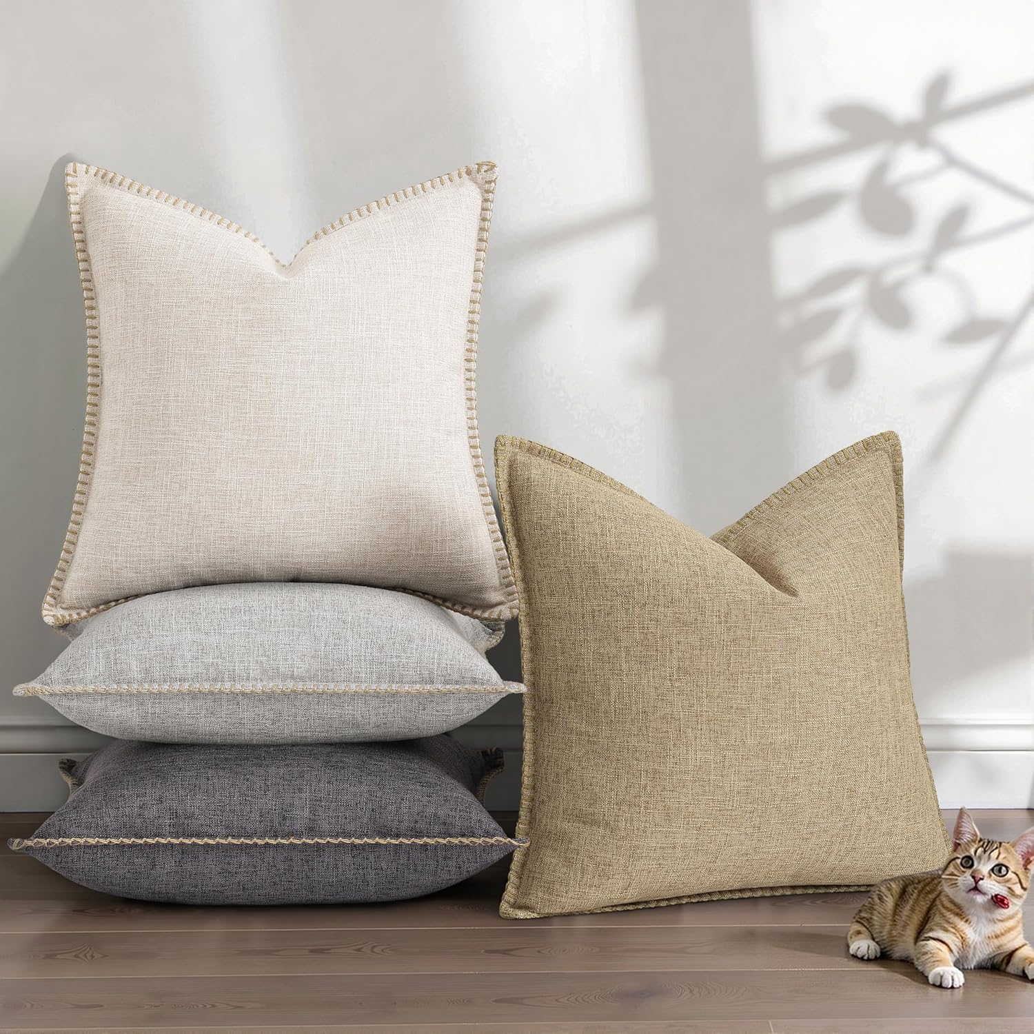 Set of 2 Beige Faux Linen Outdoor Pillow Covers, 18x18 Inches – Textured with Stitched Edge, Modern Farmhouse Accent for Patio, Sofa, Living Room - Image 2