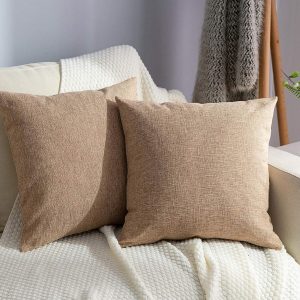 Set of 2 Natural Linen Solid Burlap-Style Pillow Covers, 18x18 Inches – Farmhouse Square Cushion Cases for Bed, Couch, Sofa, Bench