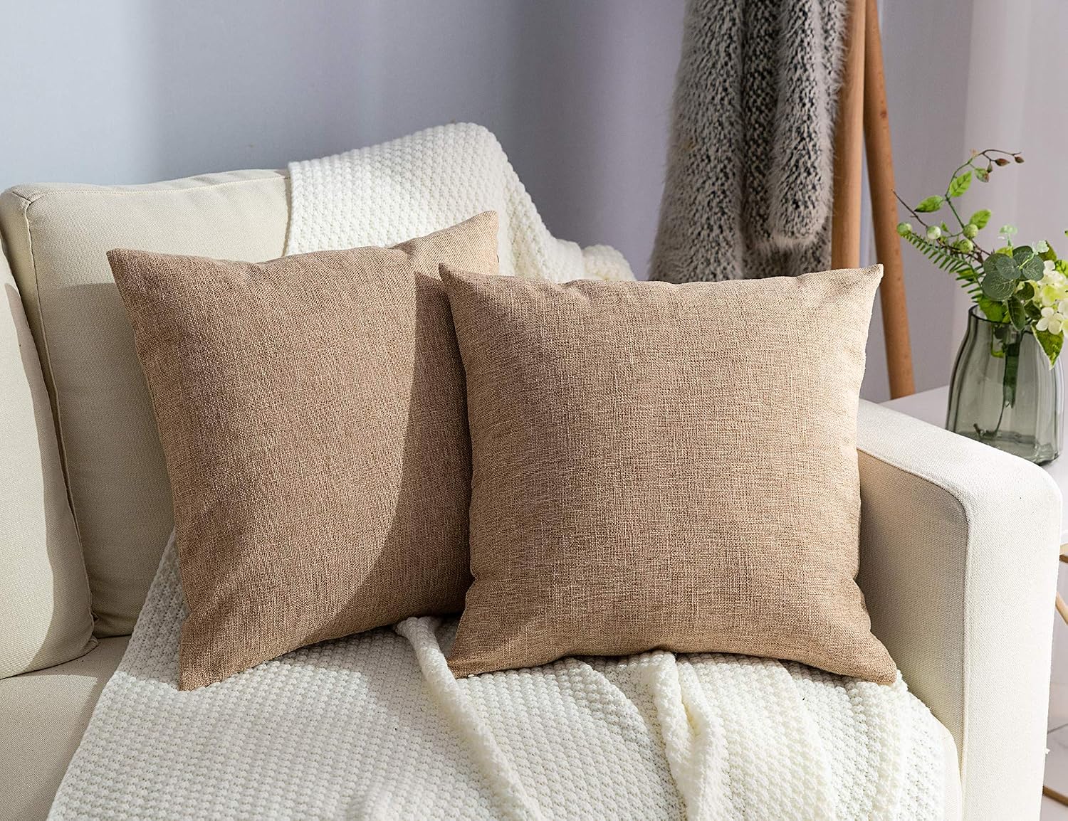 Set of 2 Natural Linen Solid Burlap-Style Pillow Covers, 18x18 Inches – Farmhouse Square Cushion Cases for Bed, Couch, Sofa, Bench