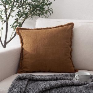 Linen Decorative Throw Pillow Cover, 20x20 Inches, Brown – Fringed Accent Pillow Case for Bed, Couch, Living Room