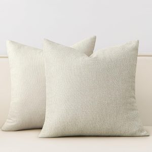 Set of 2 Textured Woven Pillow Covers with Linen Look, 18x18 Inches, Oat Milk Beige – Neutral Farmhouse Cushion Cases for Sofa, Living Room, Bedroom