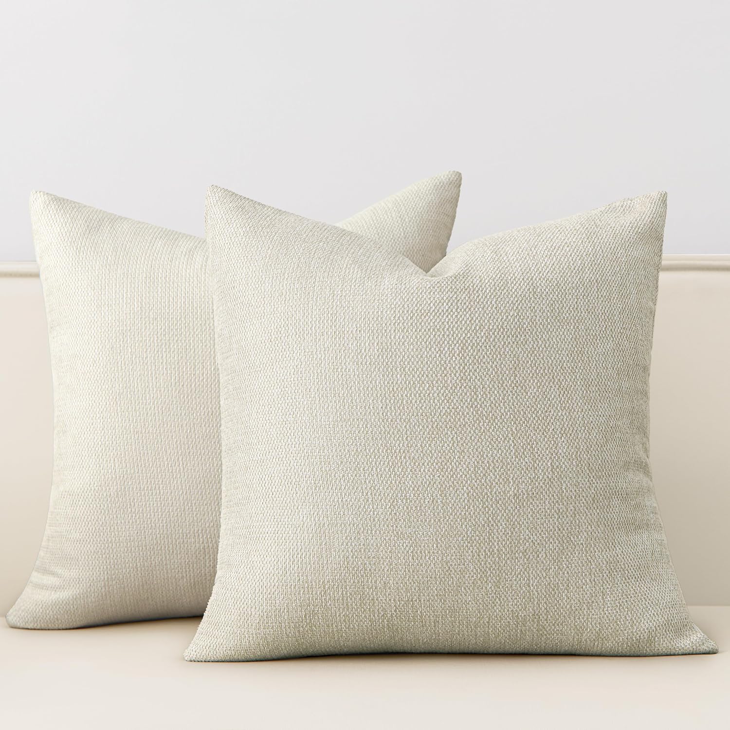 Set of 2 Textured Woven Pillow Covers with Linen Look, 18x18 Inches, Oat Milk Beige – Neutral Farmhouse Cushion Cases for Sofa, Living Room, Bedroom