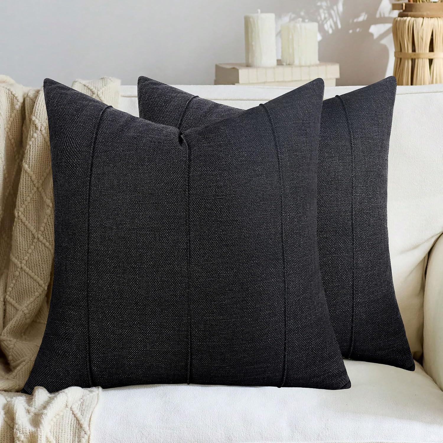 Black Striped Farmhouse Linen Throw Pillow Cover, 18x18 Inches – Decorative Accent Pillow Case for Couch, Bed, Chair