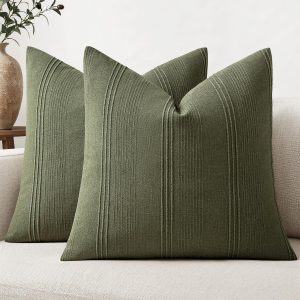 2-Pack Striped Linen Throw Pillow Covers, 20x20 Inches, Olive Green – Textured Farmhouse Cushion Cases for Couch, Sofa, Living Room, Bed