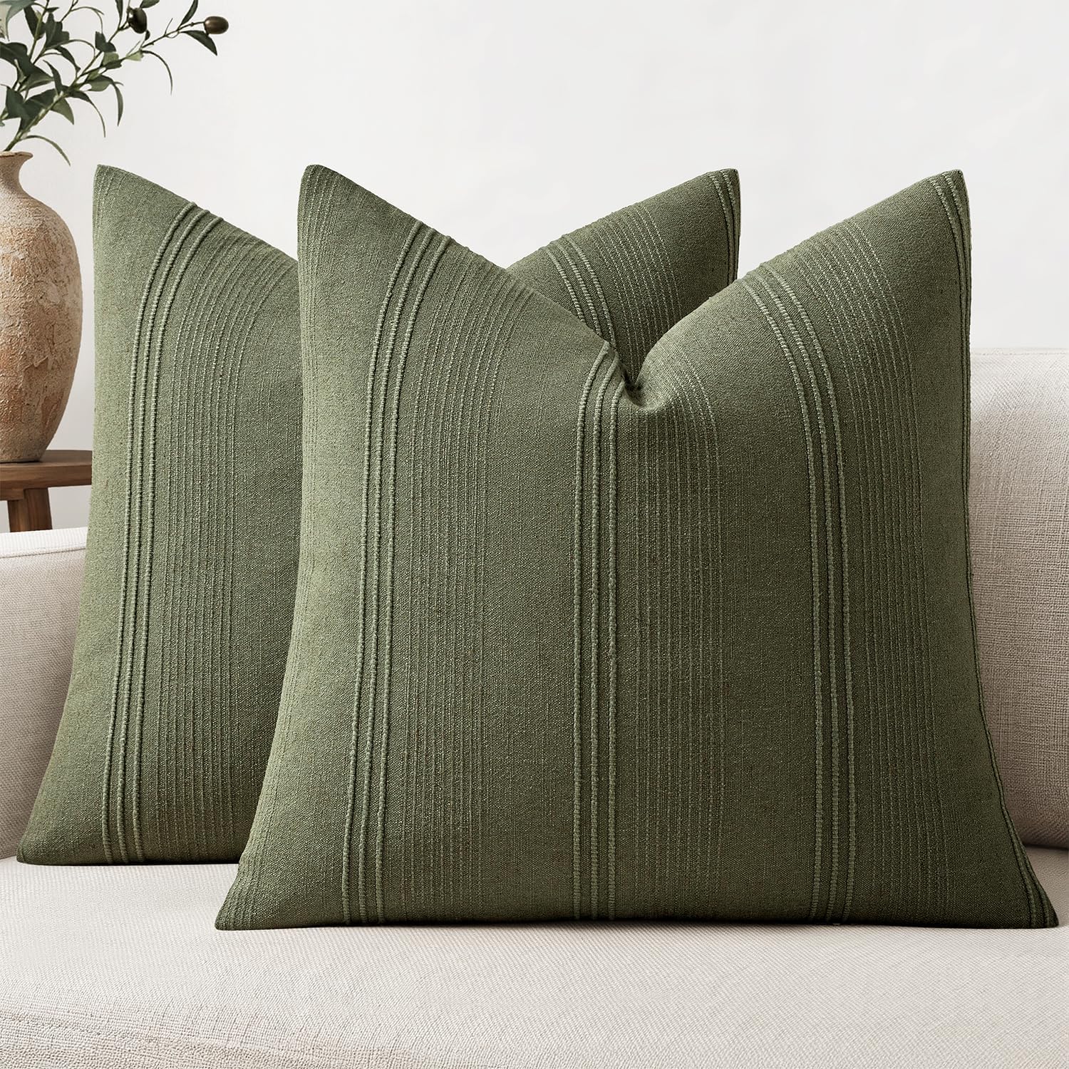 2-Pack Striped Linen Throw Pillow Covers, 20x20 Inches, Olive Green – Textured Farmhouse Cushion Cases for Couch, Sofa, Living Room, Bed
