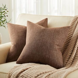 Set of 2 Rustic Brown Linen Throw Pillow Covers, 18x18 Inches – Textured Cotton Linen Blend, Modern Farmhouse Cushion Cases for Sofa, Bed, Living Room