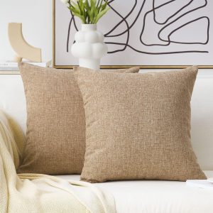 Set of 2 Natural Linen Burlap Pillow Covers, 18x18 Inches – Farmhouse Decorative Cushion Cases for Couch, Bench, Sofa