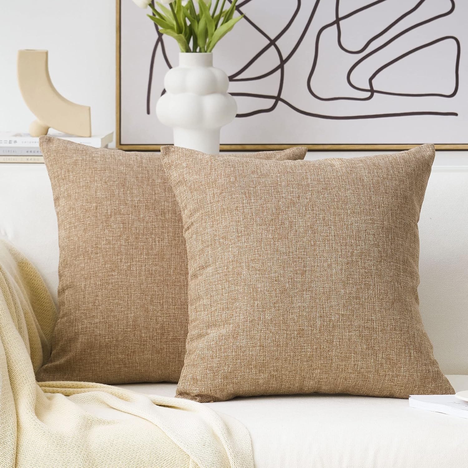 Set of 2 Natural Linen Burlap Pillow Covers, 18x18 Inches – Farmhouse Decorative Cushion Cases for Couch, Bench, Sofa
