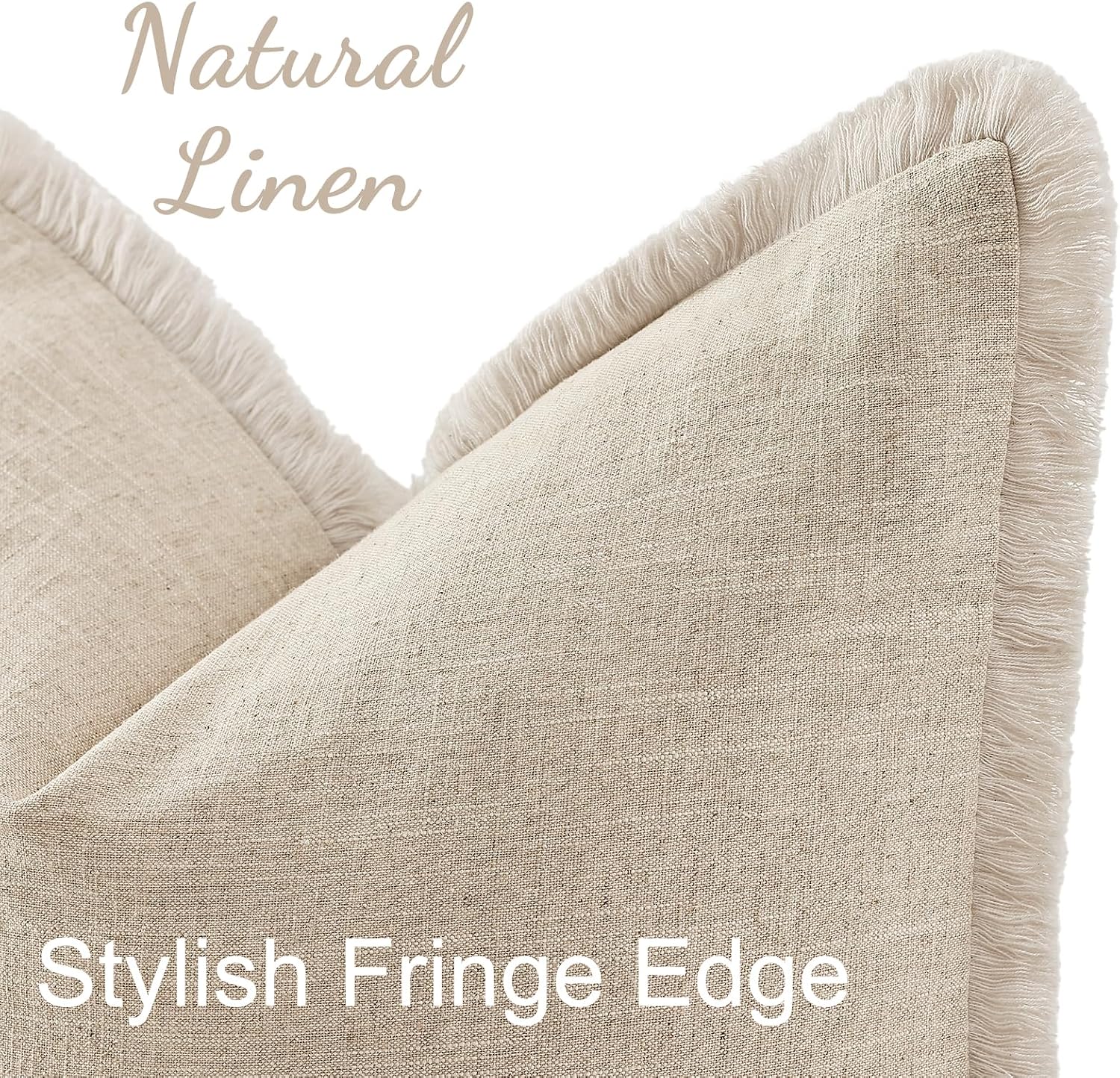 Set of 2 Linen Fringe Pillow Covers, 18x18 Inches, Natural Beige – Soft Cotton Blend with Tassels, Modern Boho Farmhouse Cushion Cases for Sofa, Bed - Image 2