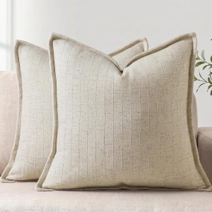 Pack of 2 Natural Beige Linen Pillow Covers, 20x20 Inches – Striped Textured Design, Boho Farmhouse Decorative Square Cases for Living Room, Couch, Bed