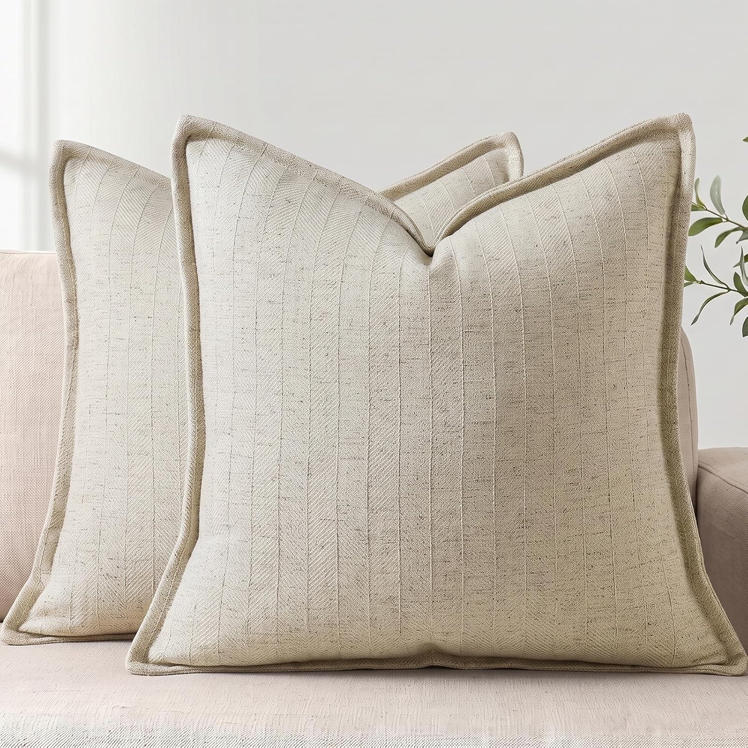 Pack of 2 Natural Beige Linen Pillow Covers, 20x20 Inches – Striped Textured Design, Boho Farmhouse Decorative Square Cases for Living Room, Couch, Bed