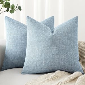 Pack of 2 Light Blue Linen Textured Pillow Covers, 18x18 Inches – Decorative Burlap-Like Cases, Coastal Boho Farmhouse Accent for Sofa, Bedroom, Living Room