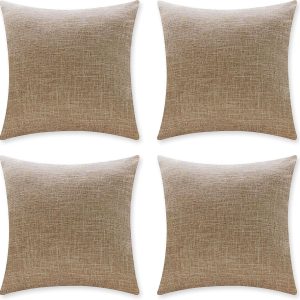 Set of 4 Burlap Linen Throw Pillow Covers, 18x18 Inches – Rustic Farmhouse Square Cushion Cases for Couch, Sofa, Home Decoration