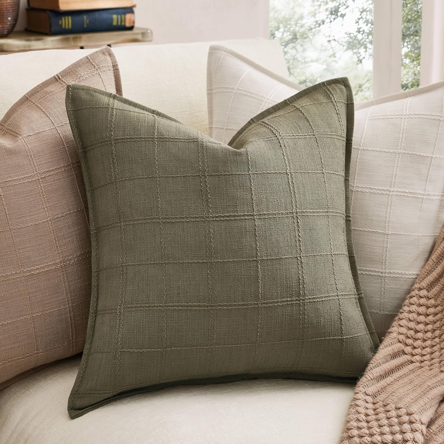 2-Pack Olive Check Linen Pillow Covers with Flange, 18x18 Inches – Textured Plaid Embroidery, Modern Farmhouse Cottage Accent for Sofa, Living Room, Bed - Image 2