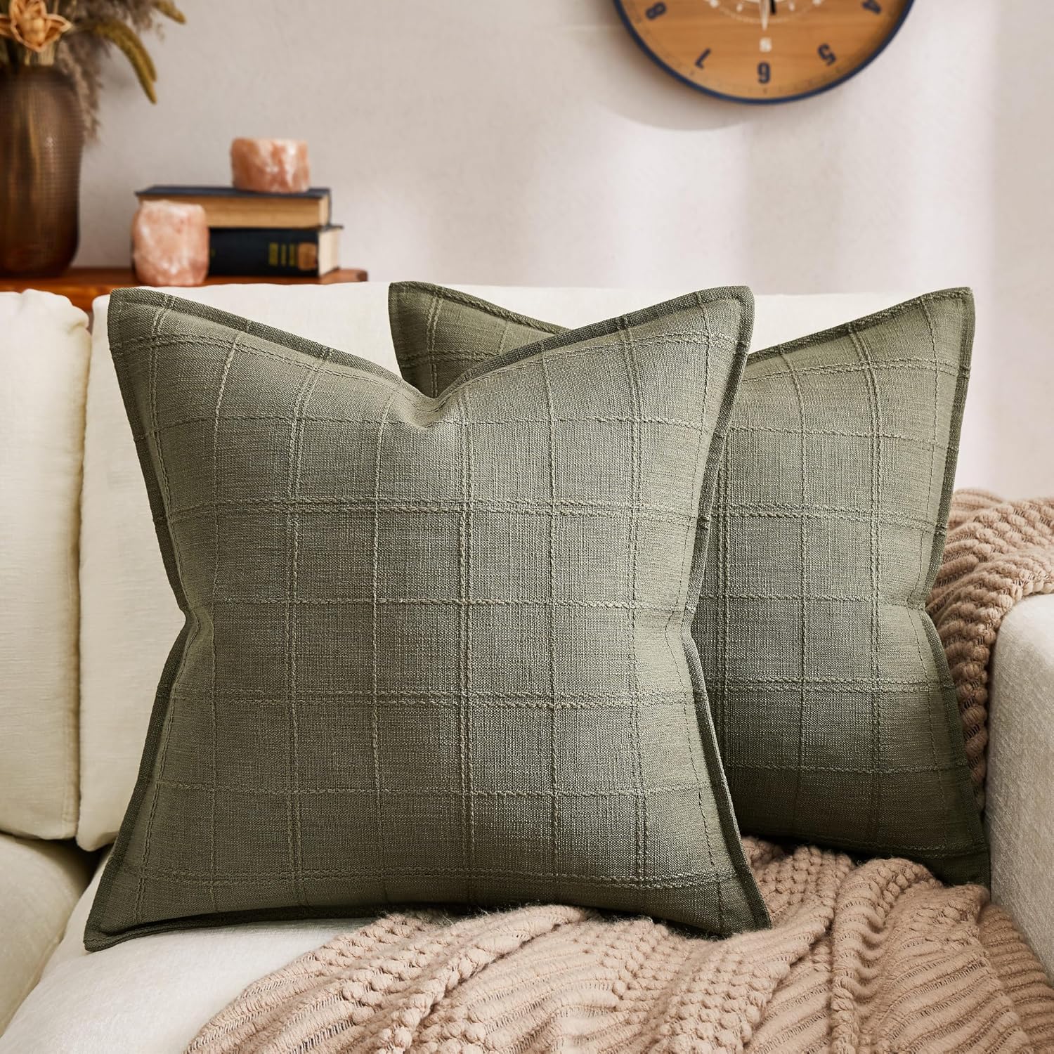 2-Pack Olive Check Linen Pillow Covers with Flange, 18x18 Inches – Textured Plaid Embroidery, Modern Farmhouse Cottage Accent for Sofa, Living Room, Bed